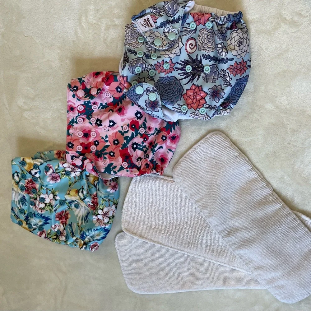 Mama Koala succulent bird floral flower cloth diaper covers and inserts set of 3